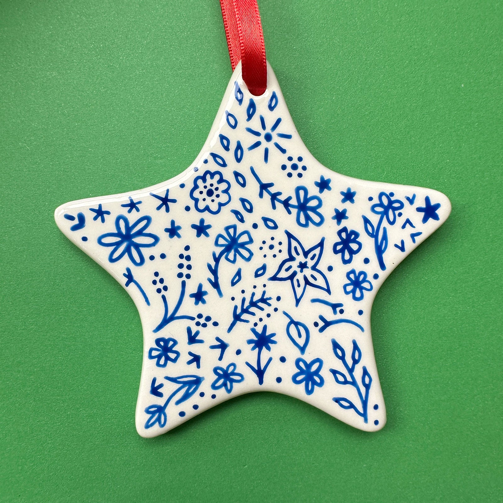 Blue Floral B - Hand Painted Star Ornament