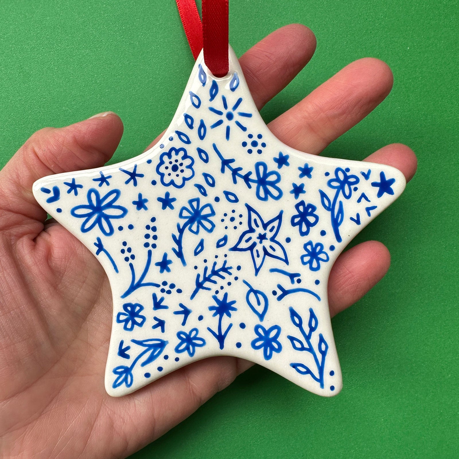 Blue Floral B - Hand Painted Star Ornament