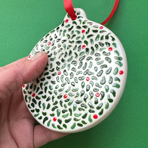 Leaves and Red Berries  - Hand Painted Round Ornament