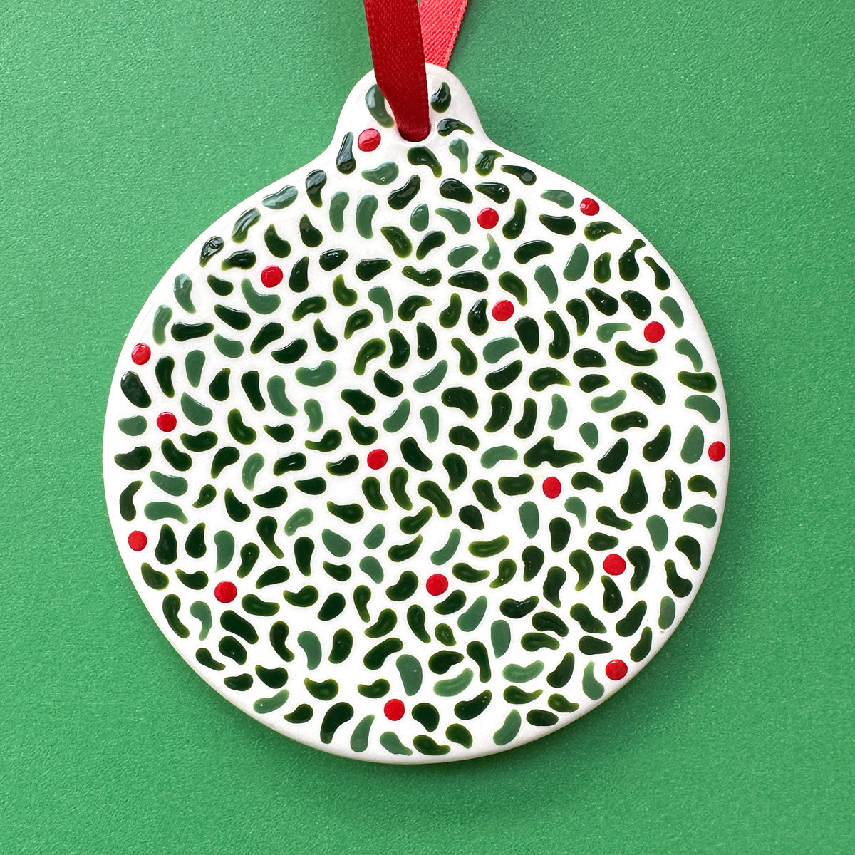 Leaves and Red Berries  - Hand Painted Round Ornament