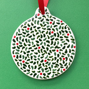 Leaves and Red Berries  - Hand Painted Round Ornament