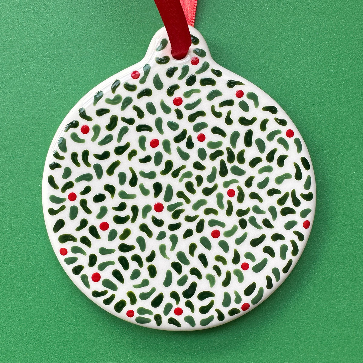 Leaves and Red Berries  - Hand Painted Round Ornament