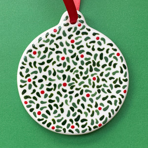 Leaves and Red Berries  - Hand Painted Round Ornament