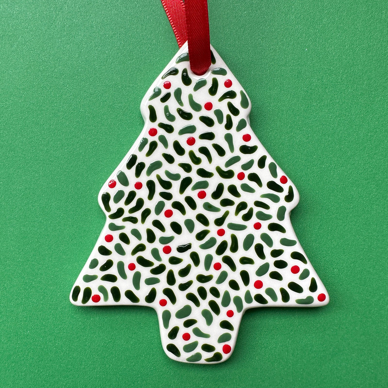 Leaves and Red Berries B - Hand Painted Tree Ornament
