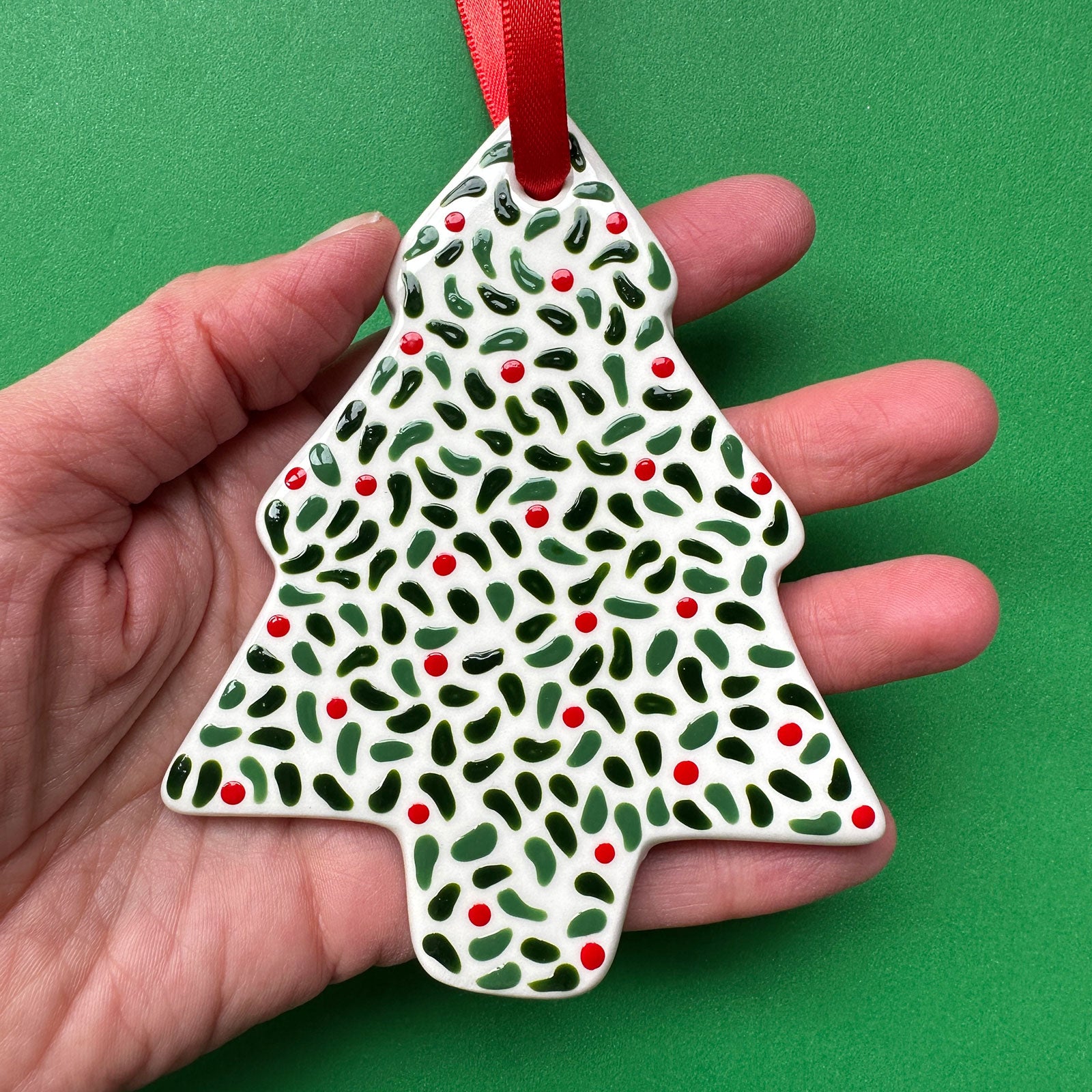 Leaves and Red Berries B - Hand Painted Tree Ornament
