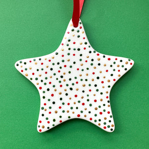 Red, Green, and Gold Dots  - Hand Painted Star Ornament