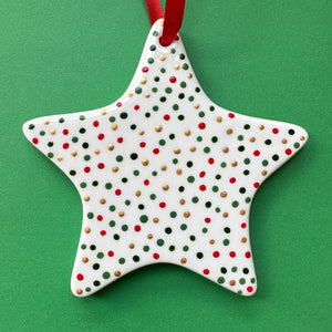 Red, Green, and Gold Dots  - Hand Painted Star Ornament
