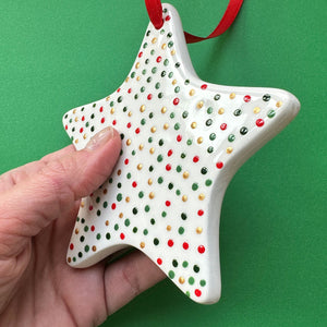 Red, Green, and Gold Dots  - Hand Painted Star Ornament