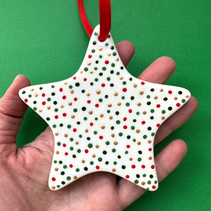 Red, Green, and Gold Dots  - Hand Painted Star Ornament