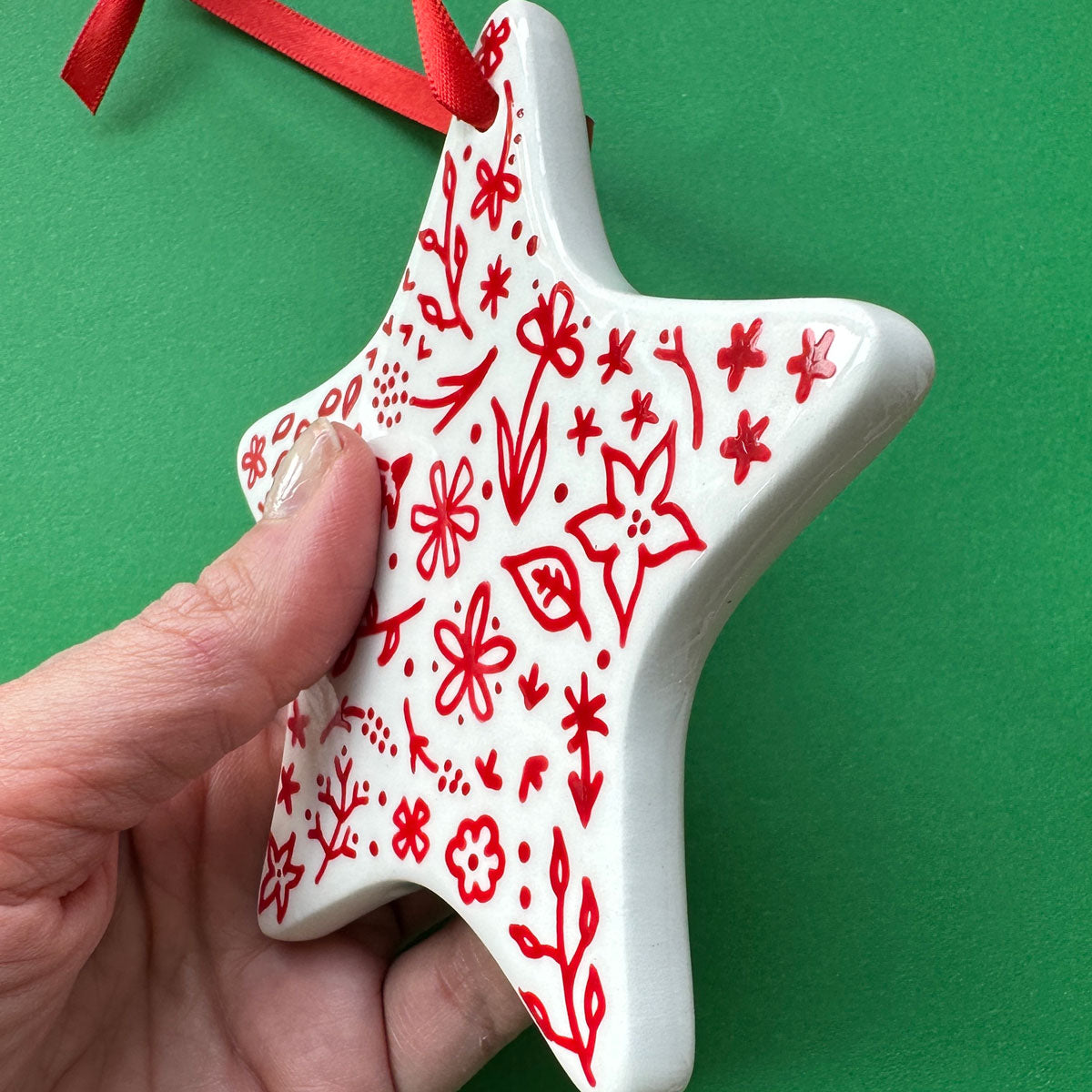 Red Floral- Hand Painted Star Ornament