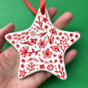Red Floral- Hand Painted Star Ornament