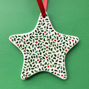 Leaves and Red Berries A  - Hand Painted Star Ornament