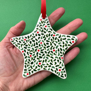 Leaves and Red Berries A  - Hand Painted Star Ornament