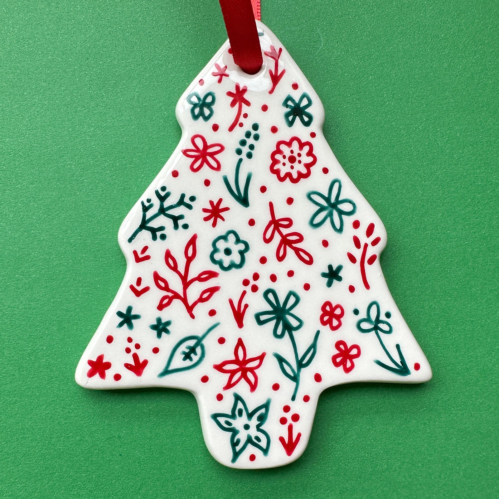 Red and Green Floral - Hand Painted Tree Ornament