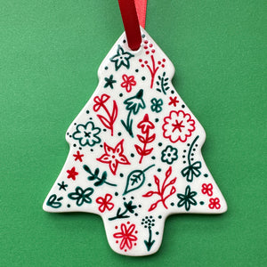 Red and Green Floral - Hand Painted Tree Ornament