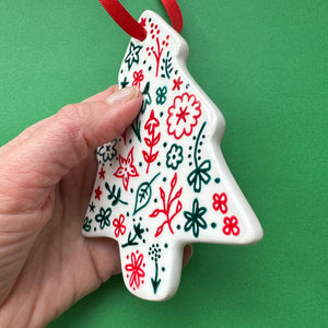 Red and Green Floral - Hand Painted Tree Ornament