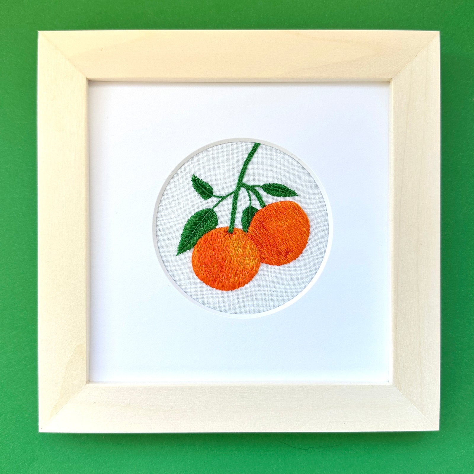 Oranges on the Vine on White Linen Hand Embroidered Art