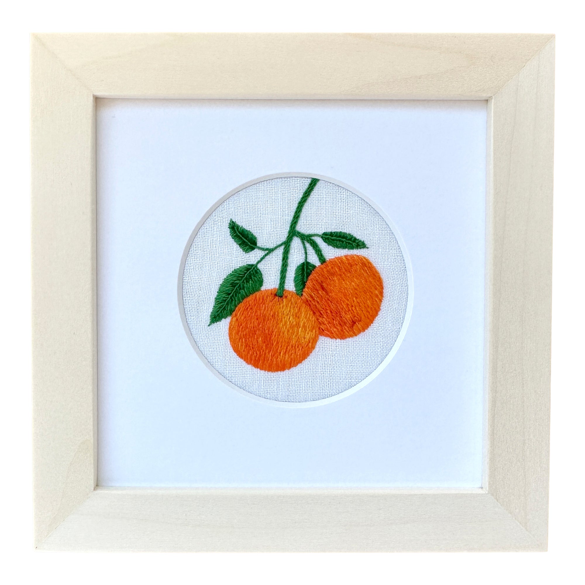 Oranges on the Vine on White Linen Hand Embroidered Art
