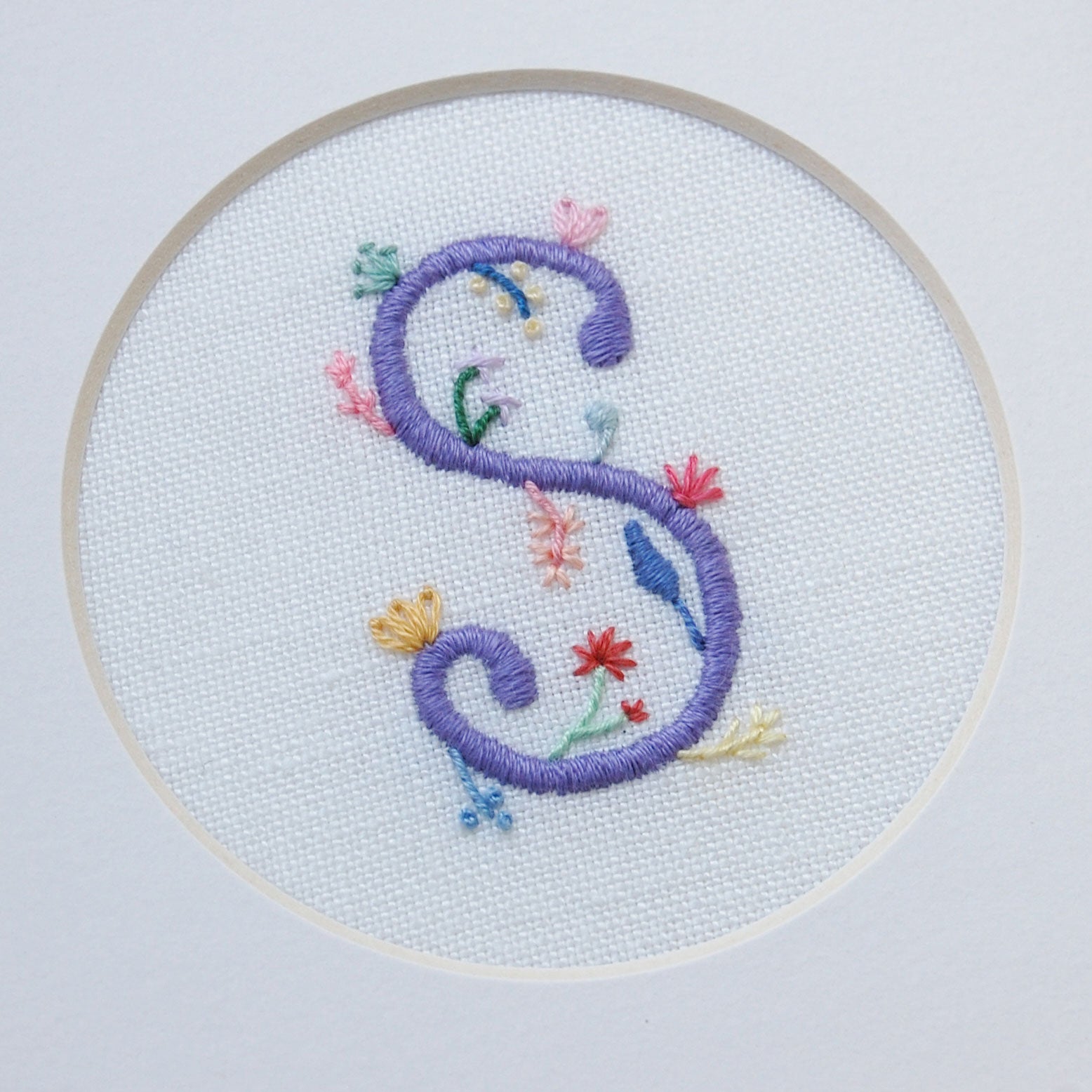 "S" Hand Embroidered Floral Monogram Art