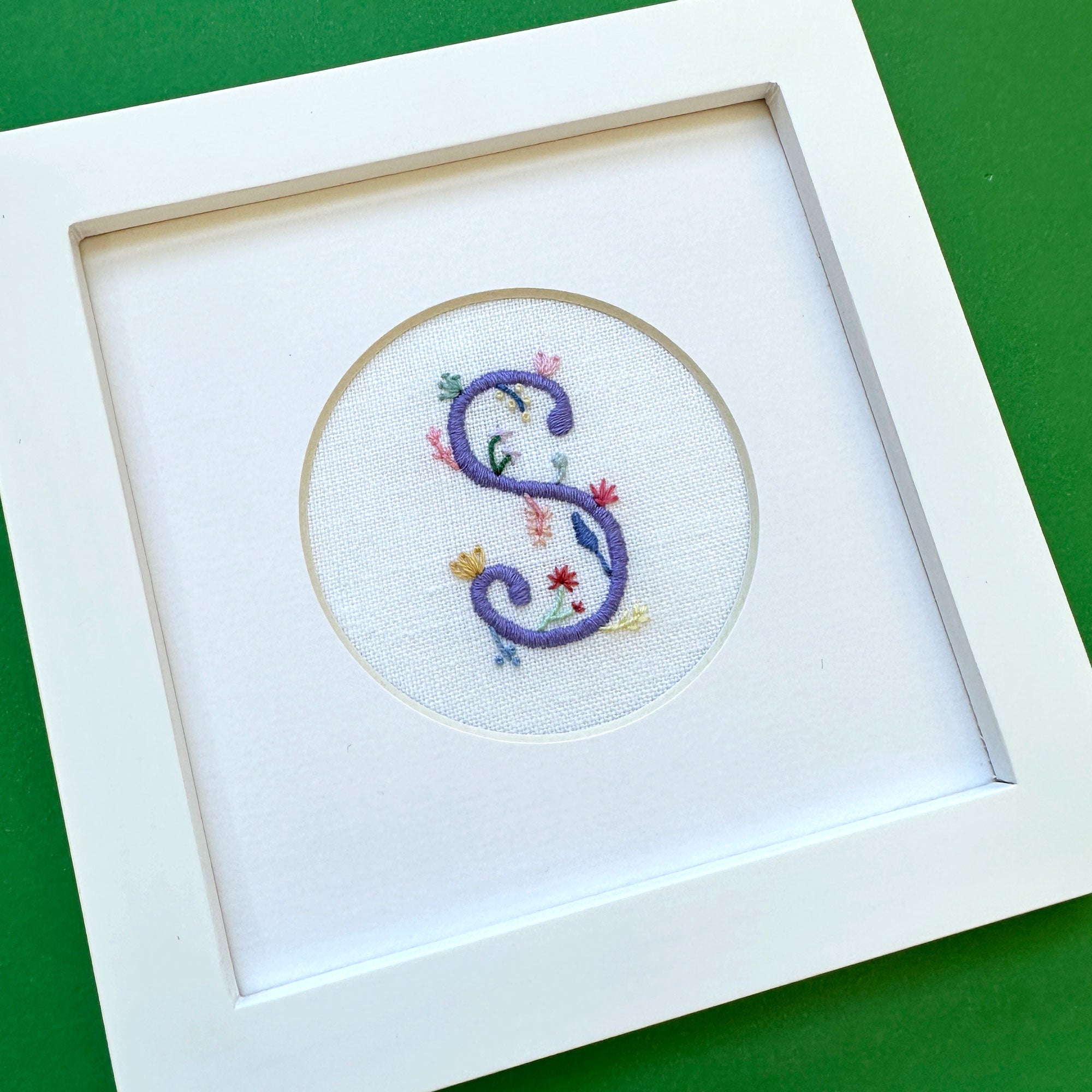 "S" Hand Embroidered Floral Monogram Art