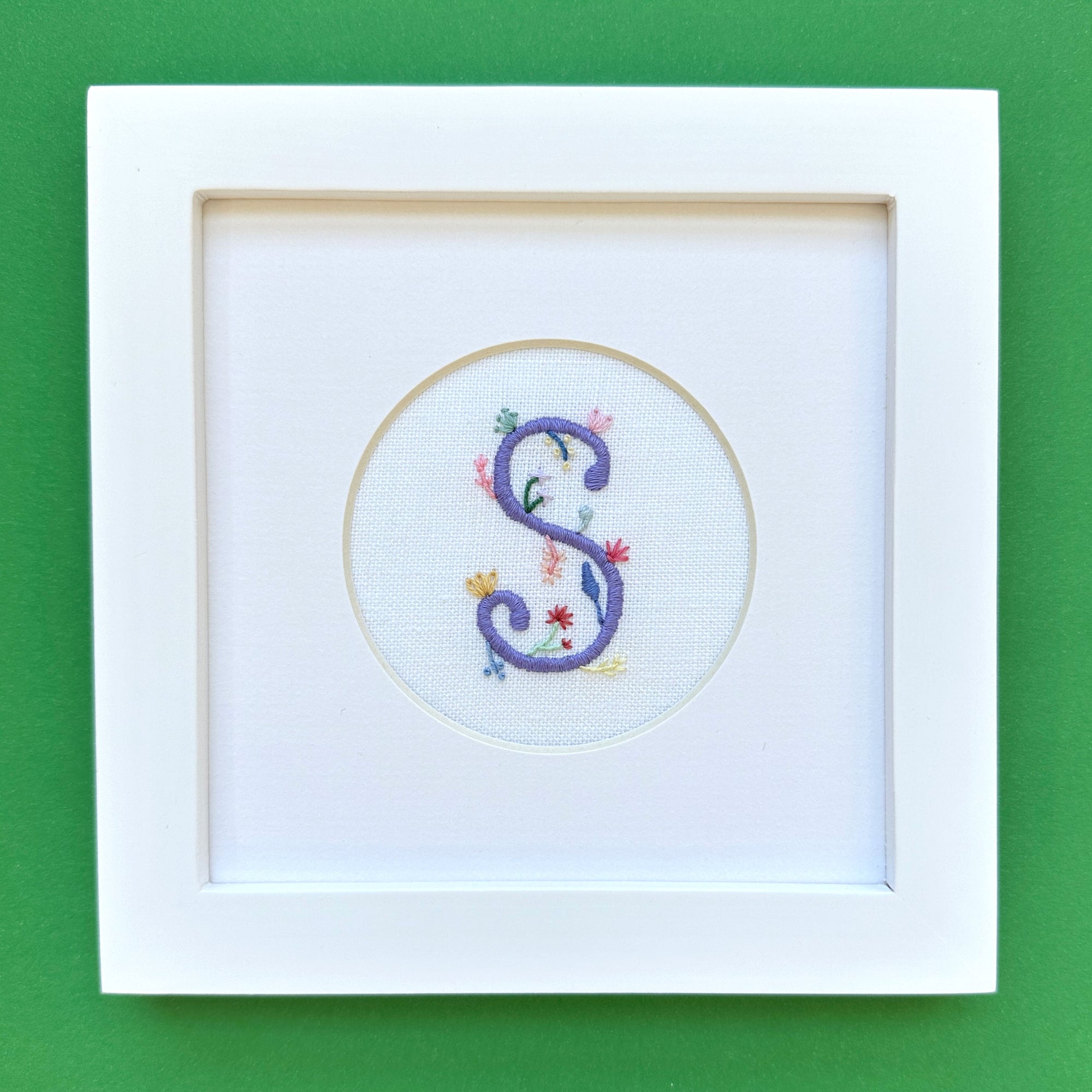 "S" Hand Embroidered Floral Monogram Art