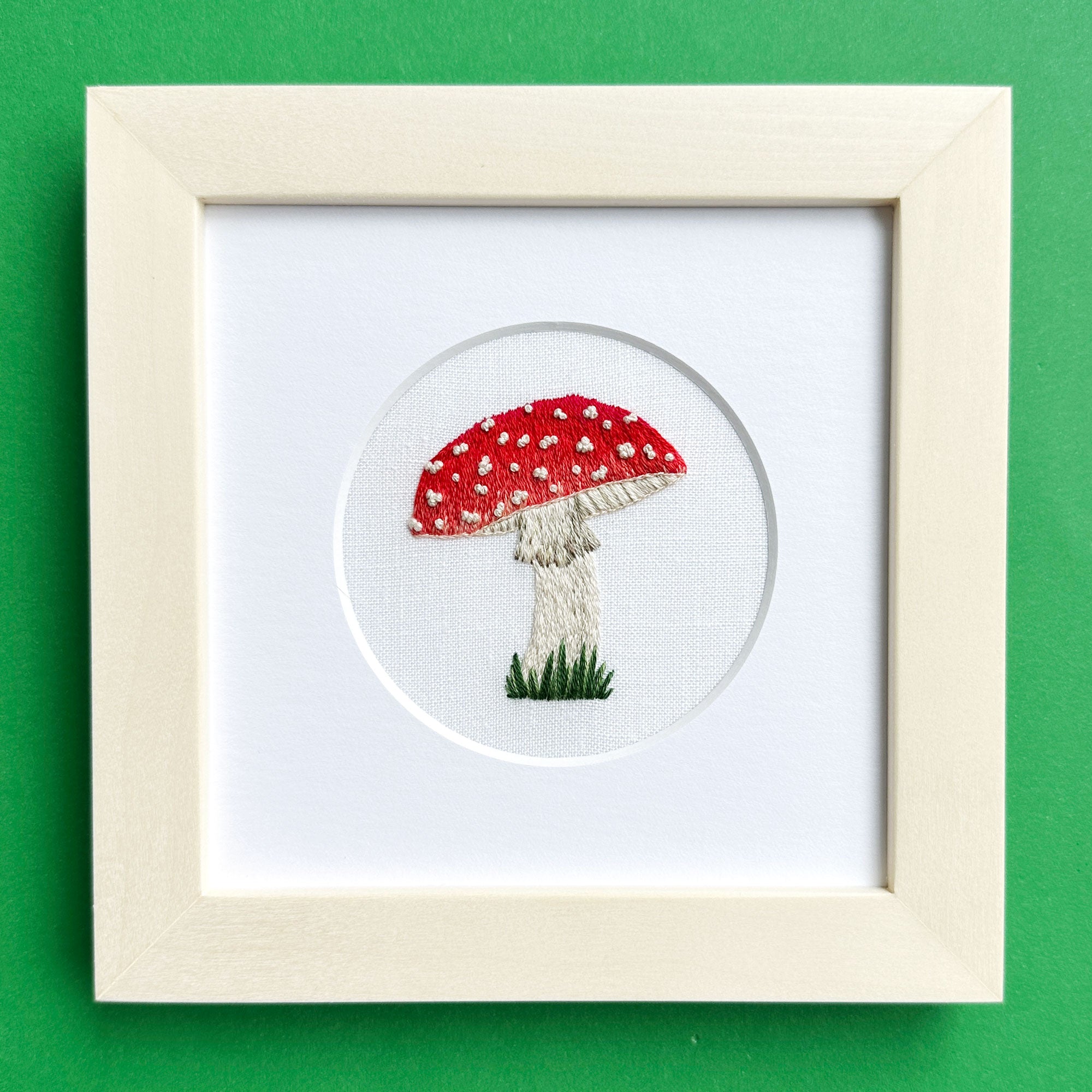 Amanita muscaria Mushroom on White Linen Hand Embroidered Art