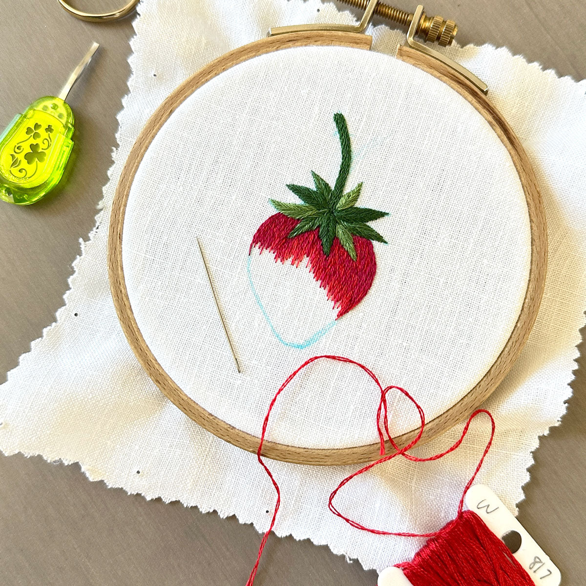 Single Strawberry on White Linen Hand Embroidered Art