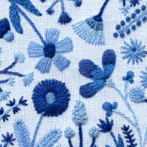 Blue Flowers (3.00")  on White Linen Hand Embroidered Art