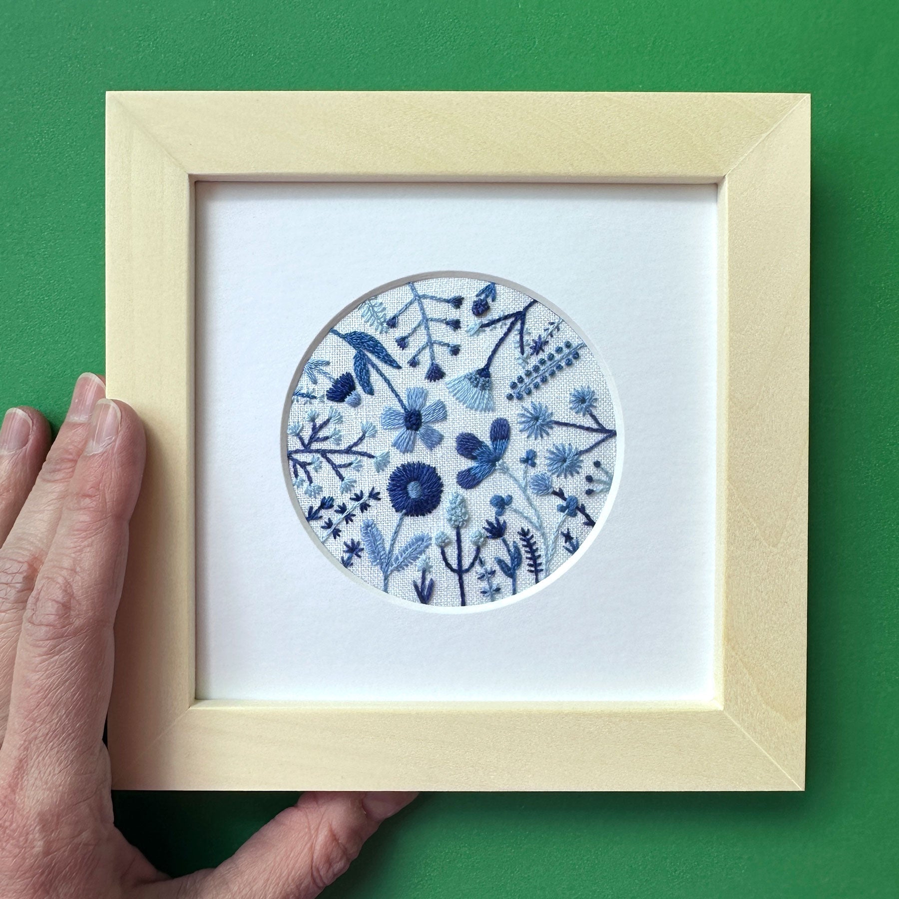 Blue Flowers (3.00")  on White Linen Hand Embroidered Art