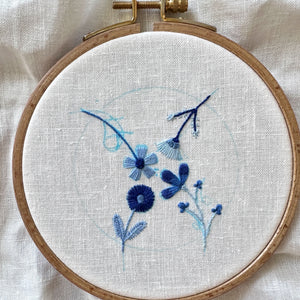 Blue Flowers (3.00")  on White Linen Hand Embroidered Art