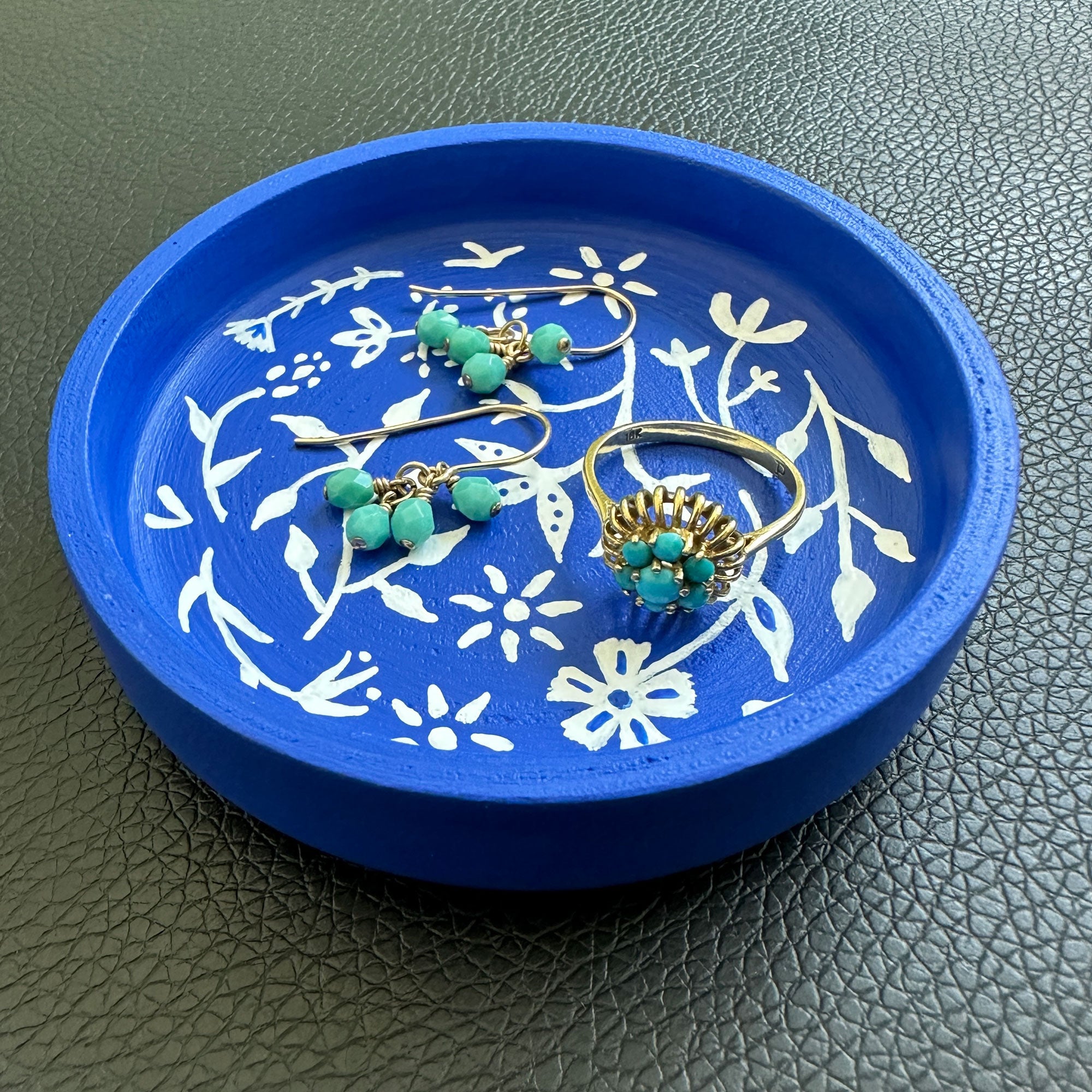 White Floral on Blue - Hand Painted Wood Dish
