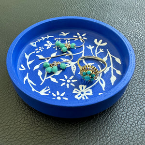 White Floral on Blue - Hand Painted Wood Dish