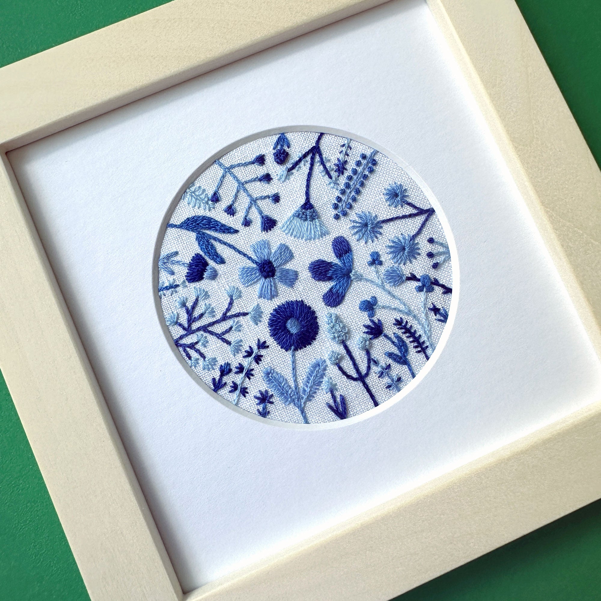 Blue Flowers (3.00")  on White Linen Hand Embroidered Art