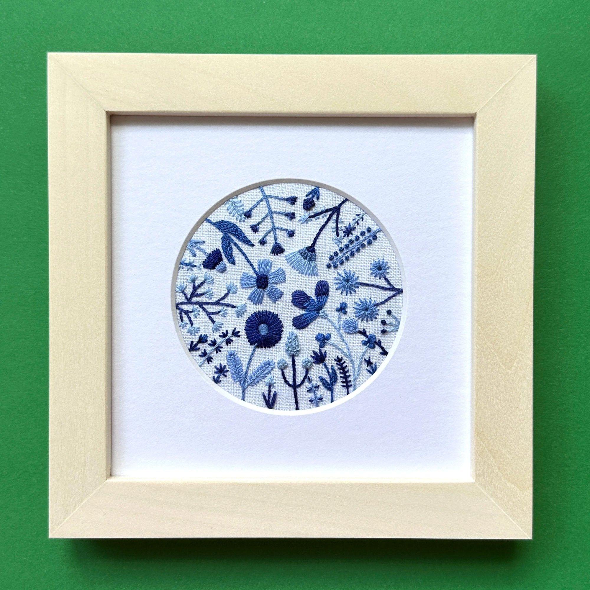 Blue Flowers (3.00")  on White Linen Hand Embroidered Art