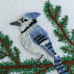 Blue Jay and Pine Branches on White Linen Hand Embroidered Art