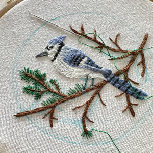 Blue Jay and Pine Branches on White Linen Hand Embroidered Art