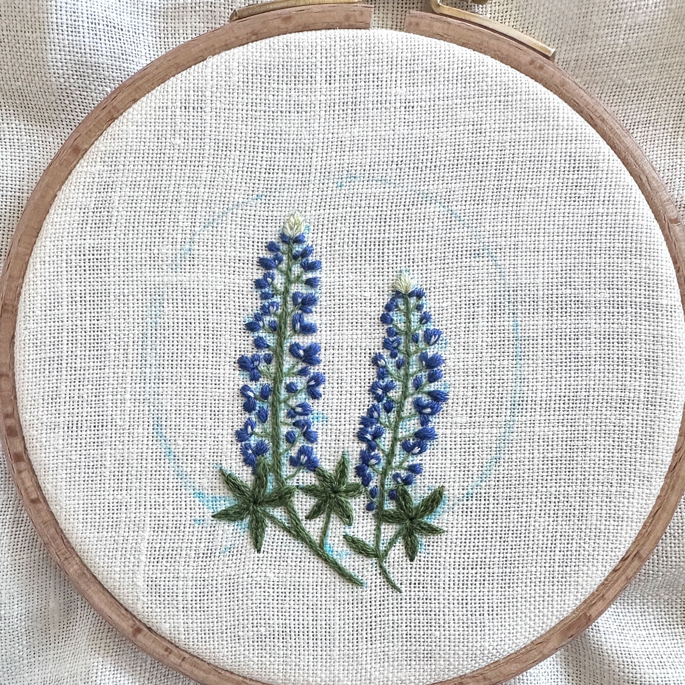 Bluebonnets (2.75")  on Cream Linen Hand Embroidered Art