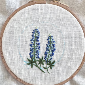 Bluebonnets (2.75")  on Cream Linen Hand Embroidered Art