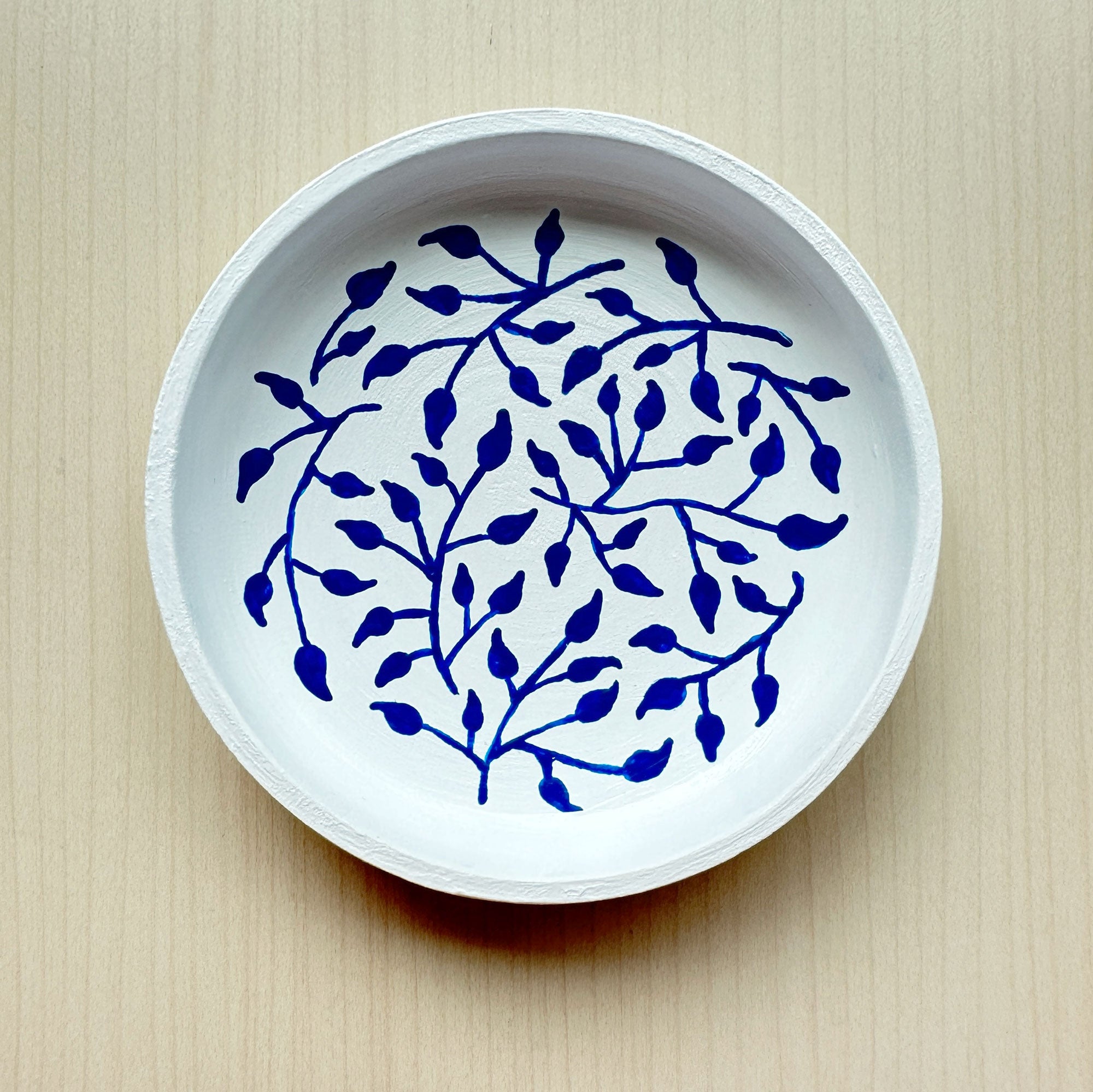 Dark Blue Vines on White - Hand Painted Wood Dish
