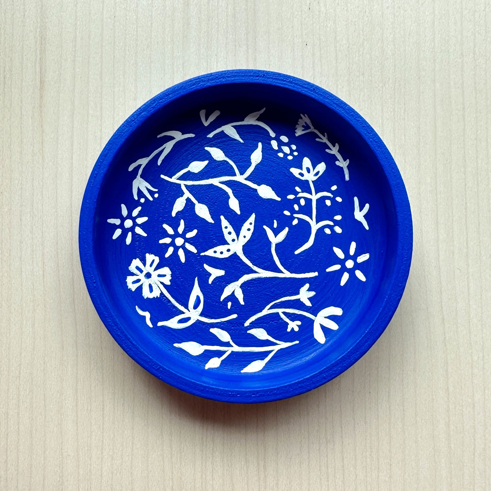 White Floral on Blue - Hand Painted Wood Dish