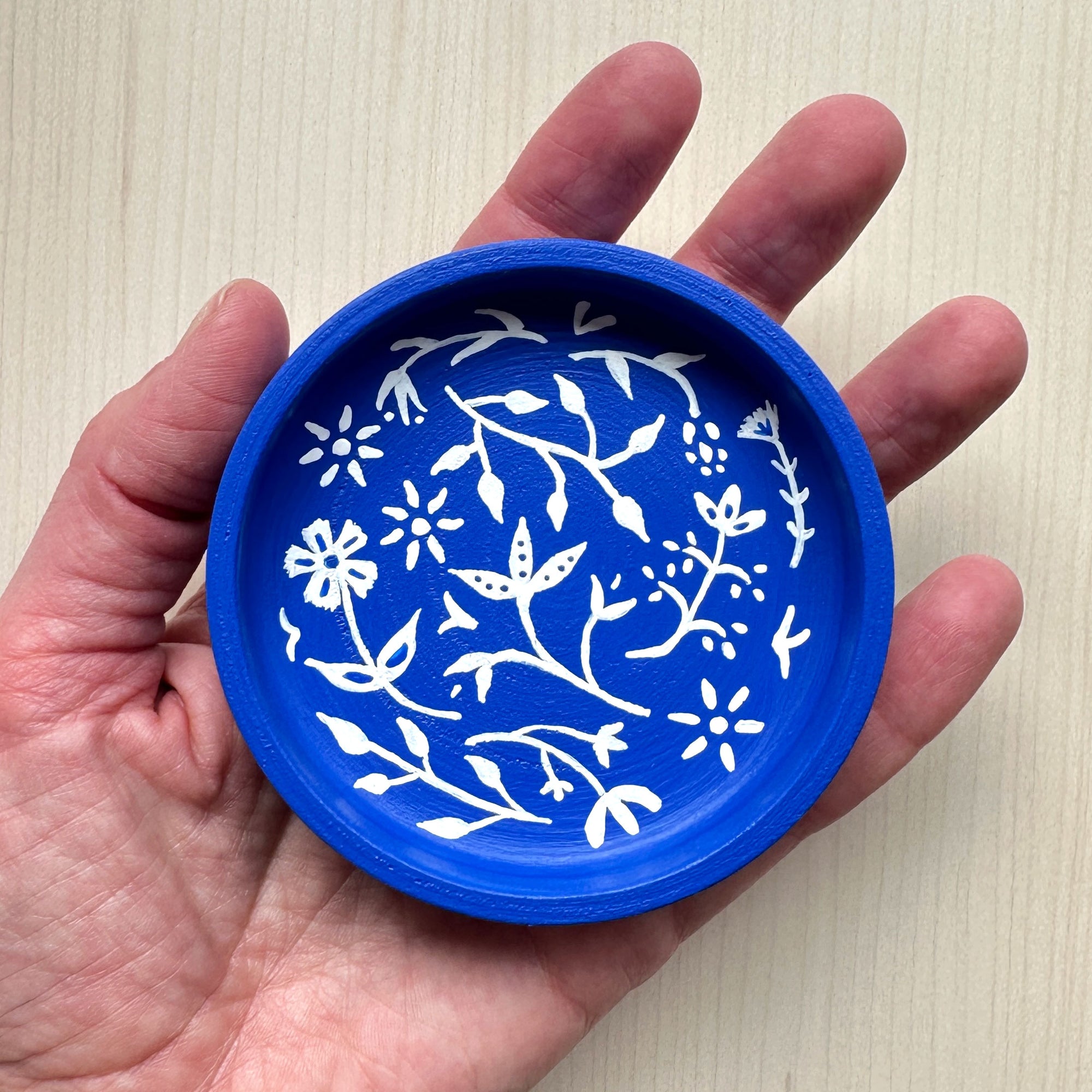 White Floral on Blue - Hand Painted Wood Dish