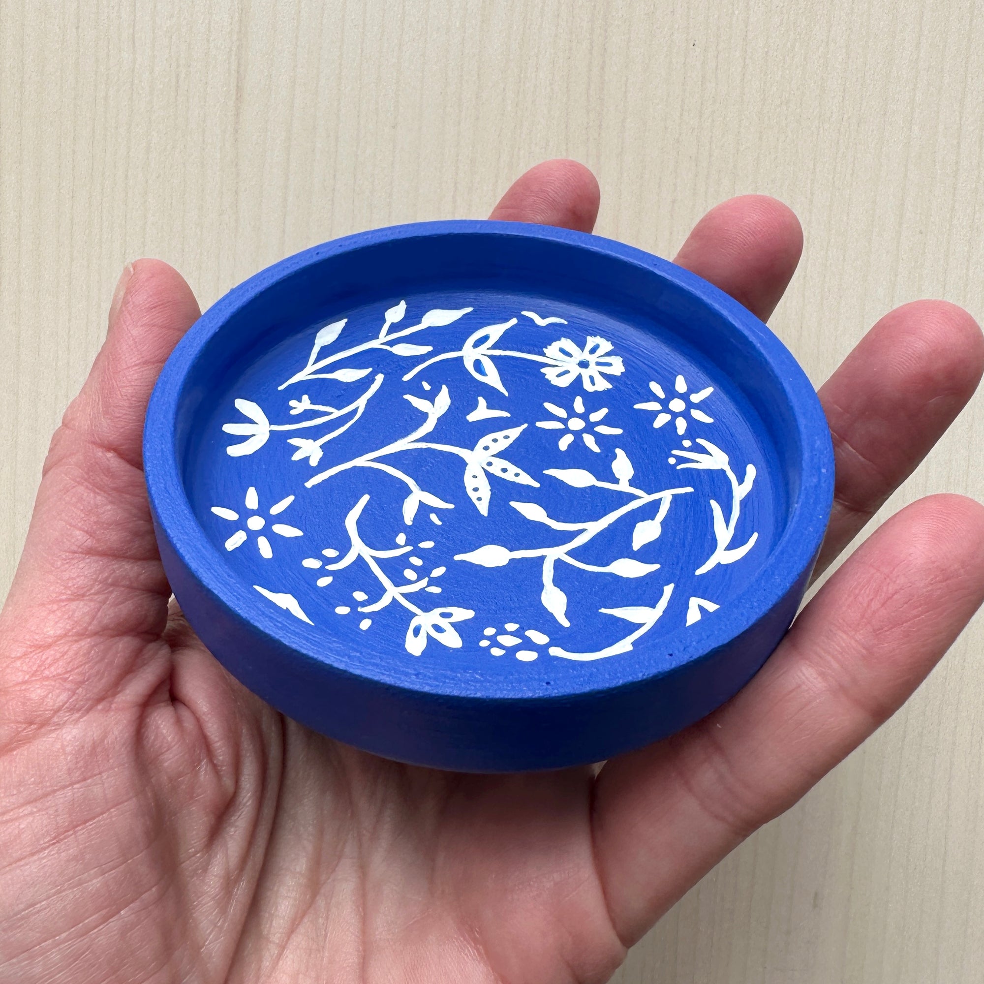 White Floral on Blue - Hand Painted Wood Dish