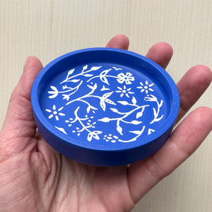 White Floral on Blue - Hand Painted Wood Dish