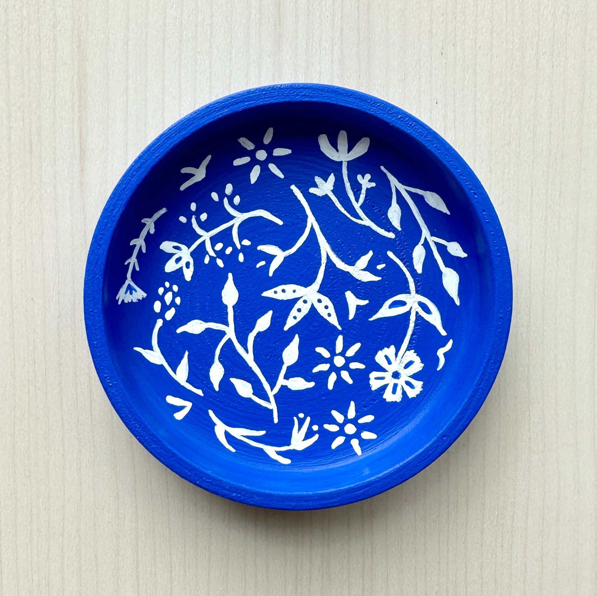White Floral on Blue - Hand Painted Wood Dish