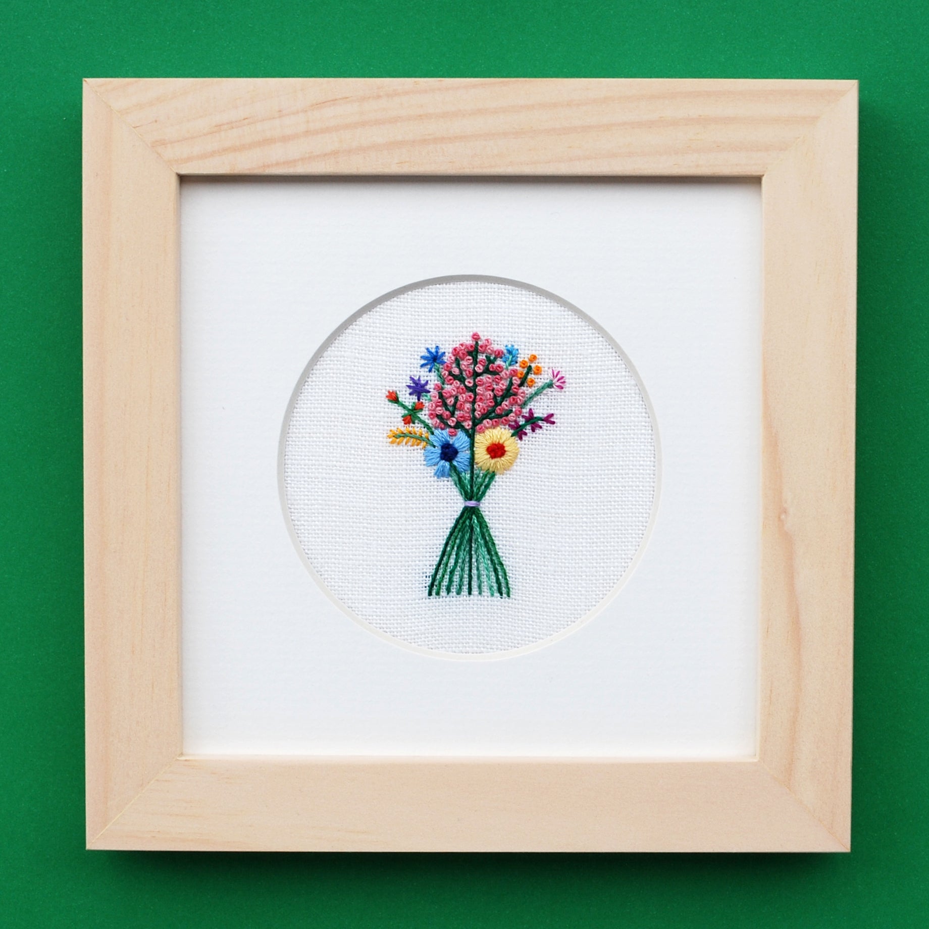 Rainbow Bouquet with Pink Buds on Cream Linen Hand Embroidered Art