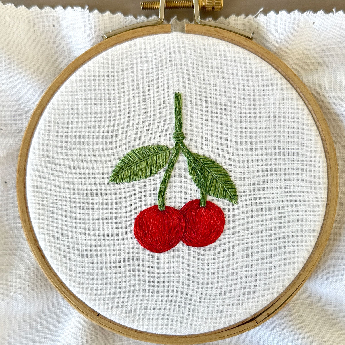 Cherries on the Vine on White Linen Hand Embroidered Art