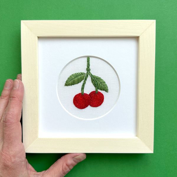 Cherries on the Vine on White Linen Hand Embroidered Art - Happy