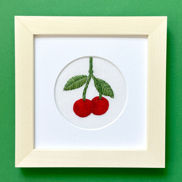 Cherries on the Vine on White Linen Hand Embroidered Art - Happy