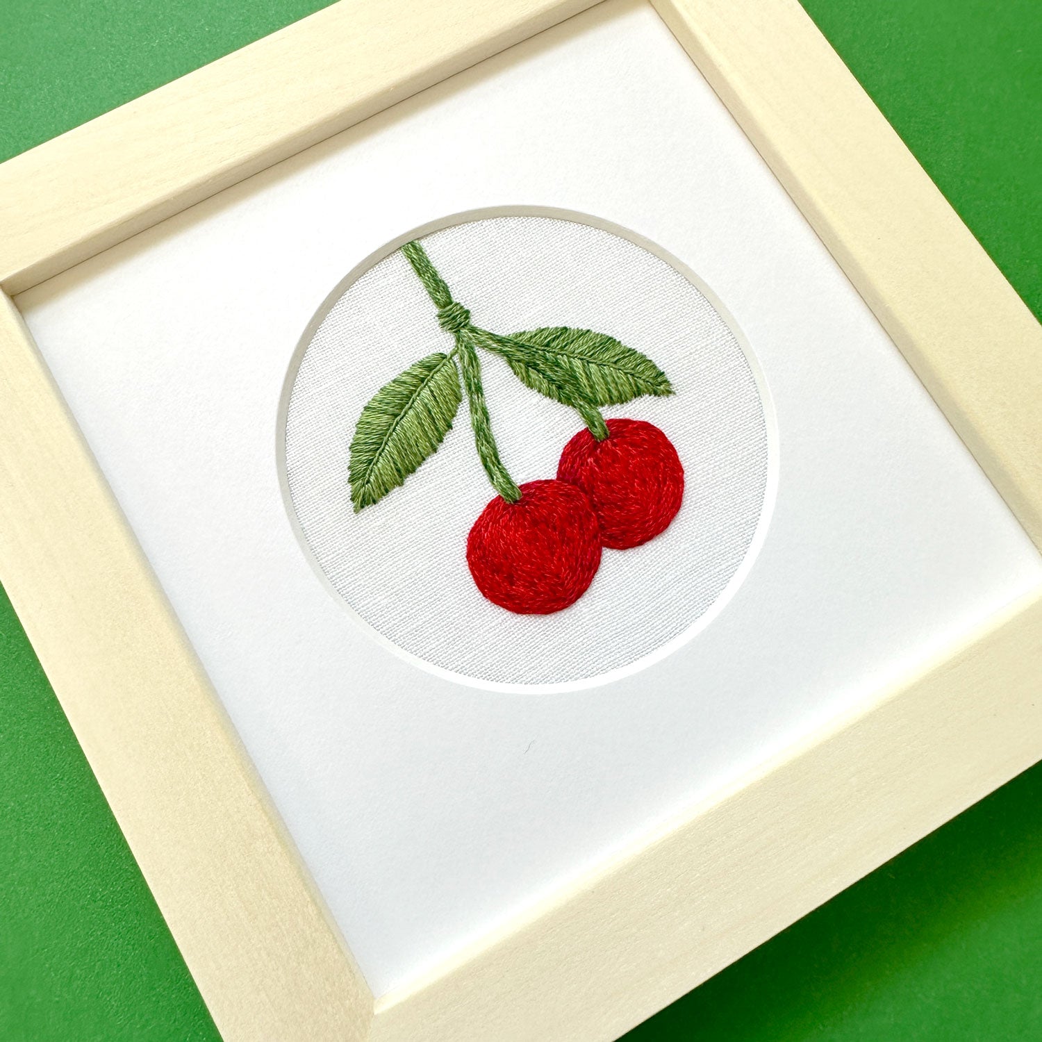 Cherries on the Vine on White Linen Hand Embroidered Art