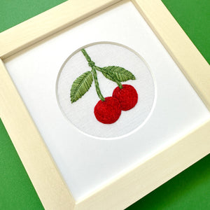 Cherries on the Vine on White Linen Hand Embroidered Art